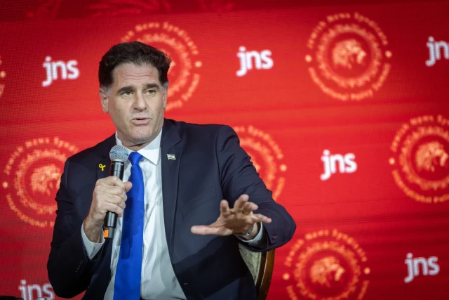 Head of the negotiations for hostages release Minister Ron Dermer speaks at the Jewish News Syndicate conference in Jerusalem, on April 28, 2025. Photo by Chaim Goldberg/Flash90