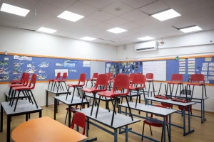 View of an empty classroom at a school in Givatayim, during a teacher's strike, on May 6, 2025. Photo by Miriam Alster/Flash90