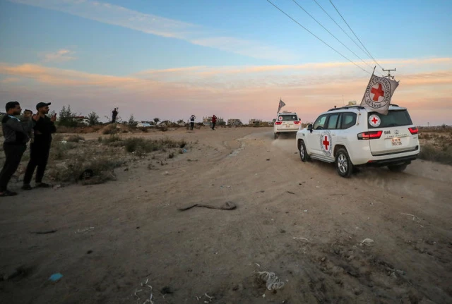 International Red Cross (ICRC) vehicles drive in Deir el-Balah, as they transports US-Israeli hostage Edan Alexander after being released from Hamas captivity on May 12, 2025. Photo by Ali Hassan/Flash90