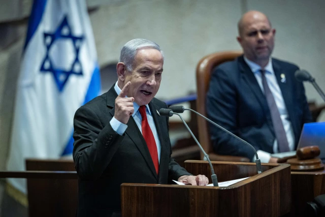 Israeli Prime Minister Benjamin Netanyahu speaks during a 40 signatures debate, at the plenum hall of the Knesset, the Israeli parliament in Jerusalem, on May 28, 2025. Photo by Yonatan Sindel/Flash90