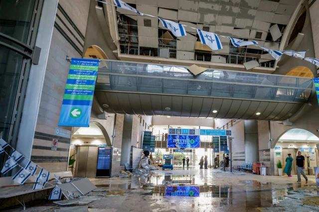 The scene where a ballistic missile fired from Iran hit and caused damage at the Soroka Medical Center in Be'er Sheva, June 19, 2025. Photo by Yair Tirosh/Flash90