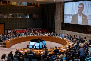 Ilay David, brother of hostage Evyatar David speaks on a screen during a meeting at the United Nations headquarters in New York City on the medical condition of hostages held in the Gaza Strip, August 5, 2025. Photo by Liri Agami/Flash90