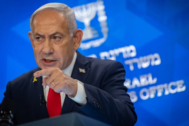 Israeli Prime Minister Benjamin Netanyahu holds a press conferene at the Prime Minister's office in Jerursalem, August 10, 2025. Photo by Yonatan Sindel/ Flash90