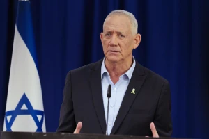 Head of Blue and White party MK Benny Gantz speaks during press conference in Tel Aviv on August 23, 2025. Photo by Tal Gal/Flash90