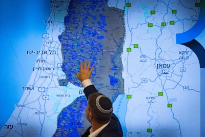 Israeli minister of Finance Bezalel Smotrich holds a press conference with mayors of settlements in the West Bank, at the Ministry of Finance in Jerusalem on September 3, 2025. Photo by Yonatan Sindel/Flash90