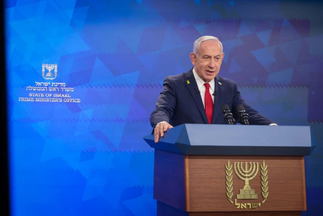 Israeli Prime Minister Benjamin Netanyahu holds a press conferene at the Prime Minister's office in Jerursalem, September 16, 2025. Photo by Marc Israel Sellem/POOL
