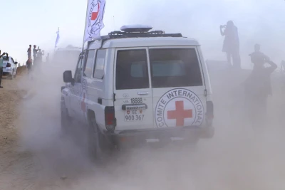 The International Committee of the Red Cross (ICRC) received the second batch of Israeli hostages in Deir al-Balah in the central Gaza Strip, October 13, 2025. Photo by Khalil Kahlout/Flash90