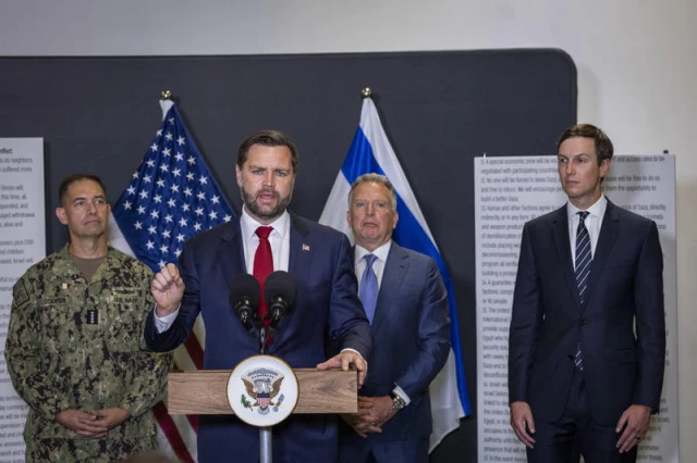 U.S. Vice President JD Vance delivers a statement to the media alongside U.S. Middle East Envoy Steve Witkoff and Jared Kushner, near Kiryat Gat, on October 21, 2025. Photo by Chaim Goldberg/Flash90