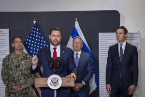 U.S. Vice President JD Vance delivers a statement to the media alongside U.S. Middle East Envoy Steve Witkoff and Jared Kushner, near Kiryat Gat, on October 21, 2025. Photo by Chaim Goldberg/Flash90