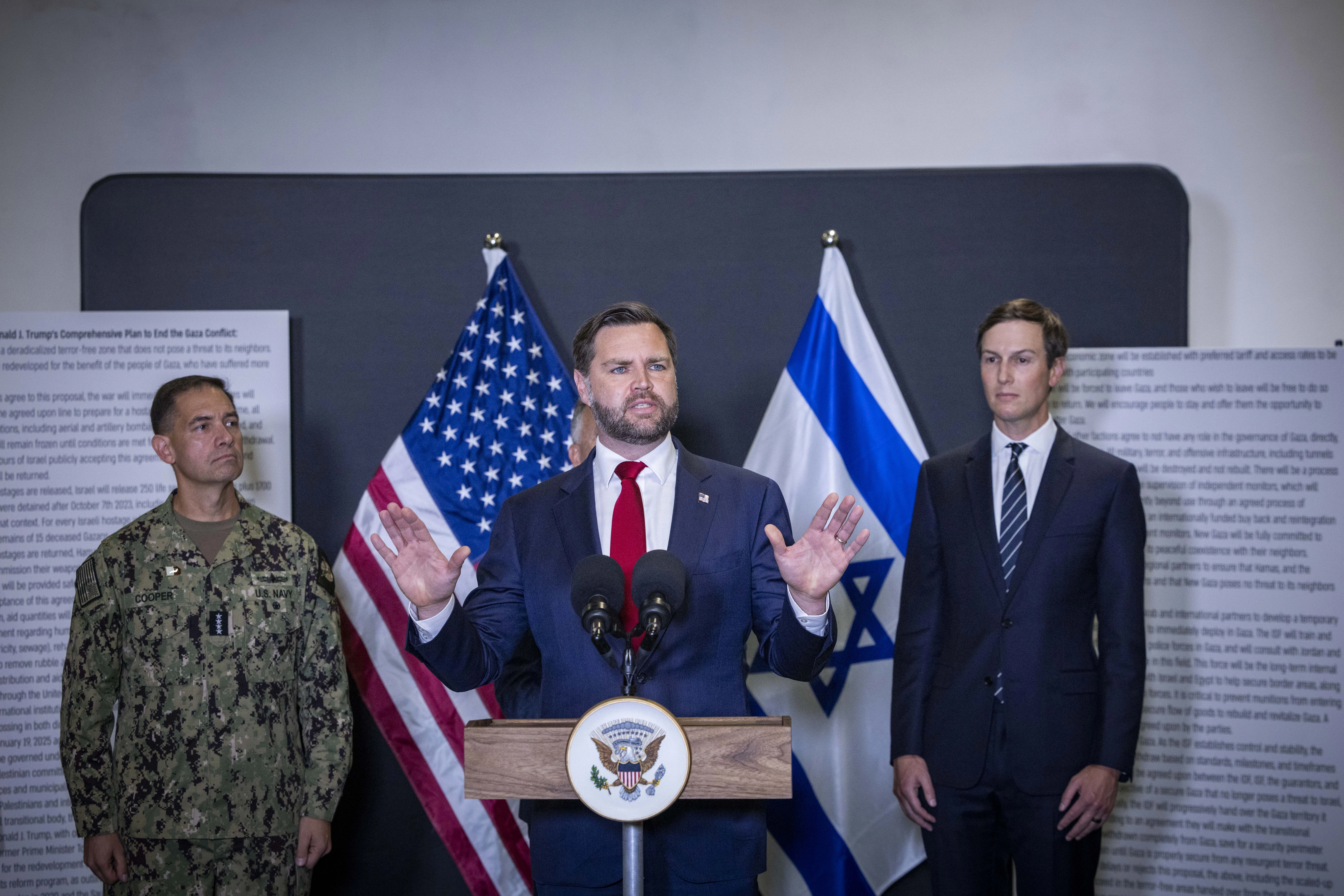 U.S. Vice President JD Vance delivers a statement to the media alongside U.S. Middle East Envoy Steve Witkoff and Jared Kushner, near Kiryat Gat, on October 21, 2025. Photo by Chaim Goldberg/Flash90
