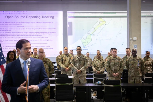 US Secretary of State Marco Rubio visit at a US military base in Kiryat Gat, on October 24, 2025. Photo: Flash 90 by Olivier Fitoussi