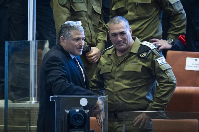 Israel Security Agency (Shin Bet) director David Zini with IDF chief Eyal Zamir attends a special plenum session in honor of U.S. President Donald Trump at the Knesset, the Israeli parliament in Jerusalem, on October 13, 2025. Photo by Yonatan Sindel/Flash90