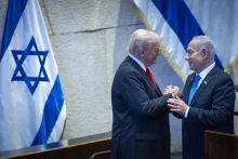 U.S. President Donald Trump with Israeli Prime Minister Benjamin Netanyahu during a special plenum session in honor of President Trump at the Knesset, Israel’s parliament in Jerusalem, on October 13, 2025. Photo by Yonatan Sindel/Flash90