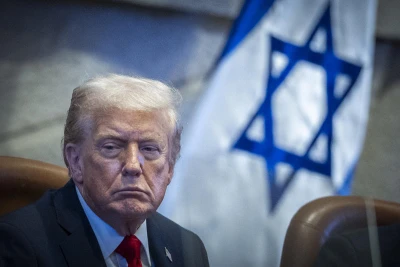 U.S. President Donald Trump attends a special plenum session held in his honor at the Knesset, Israel’s parliament in Jerusalem, on October 13, 2025. Photo by Yonatan Sindel/Flash90