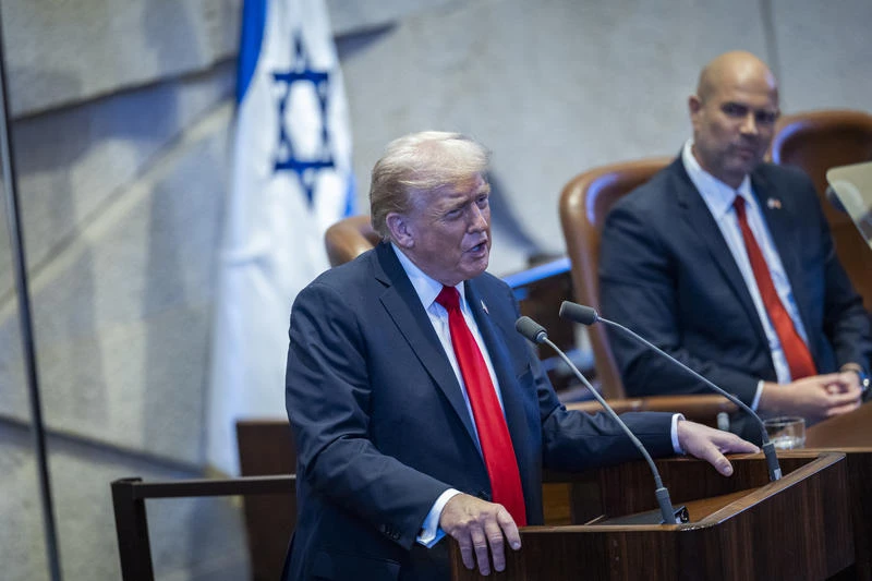 U.S. President Donald Trump speaks during a special plenum session held in his honor at the Knesset, Israel’s parliament in Jerusalem, on October 13, 2025. Photo by Yonatan Sindel/Flash90