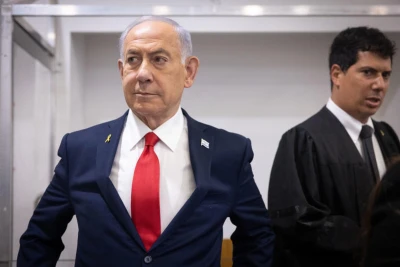 Israeli Prime Minister Benjamin Netanyahu arrives to the courtroom at the Distrcit court in Tel Aviv, before the start of his testimony in the trial against him, October 28, 2025. Photo by Miriam Alster/Flash90
