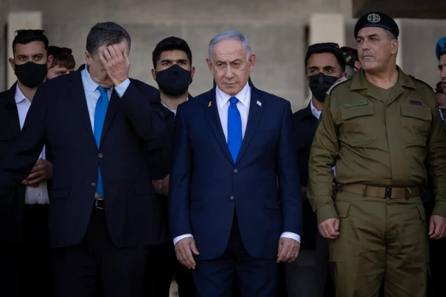 Israeli prime minister Benjamin Netanyahu, Israeli minister of Defense Israel Katz and IDF Chief of Staff Eyal Zamir at the graduation of an IDF officers' course, October 30, 2025. Photo by Noam Revkin Fenton/FLASH90