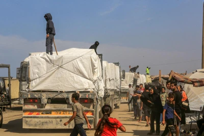 Humanitarian Aid entering Gaza through the Israeli Kerem Shalom Crossing, in Khan Yunis, in the southern Gaza Strip, November 2, 2025. Photo by Abed Rahim Khatib/Flash90