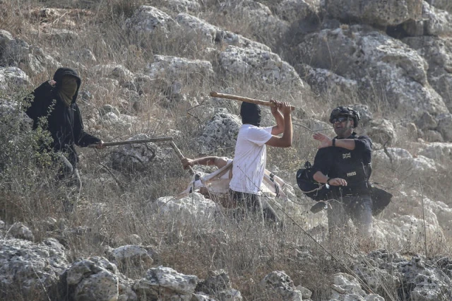 Jewish settlers attack journalists during the olive-picking season in the village of Beita, south of Nablus in the West Bank, November 8, 2025. Photo by Nasser Ishtayeh/Flash90