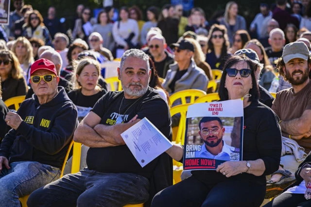 The parents, as well as relatives, friends and supporters of Master Sgt. Ran Gvili, whose body is held by Hamas, at a Kabbalat Shabbat ceremony at Hostage Square in Tel Aviv, calling for the return of his body from Hamas captivity, on January 16, 2026. Photo by Avshalom Sassoni/Flash90