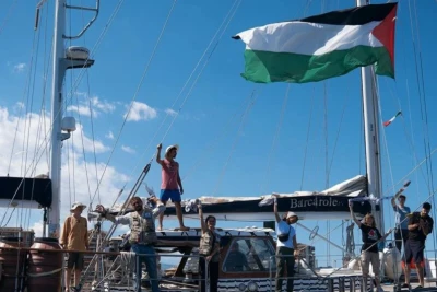 Greta Thunberg and activists on Freedom Flotilla  sail boat, June 4, 2025, Mediterranean Sea . Photo: The Freedom Flotilla Coalition (FFC)