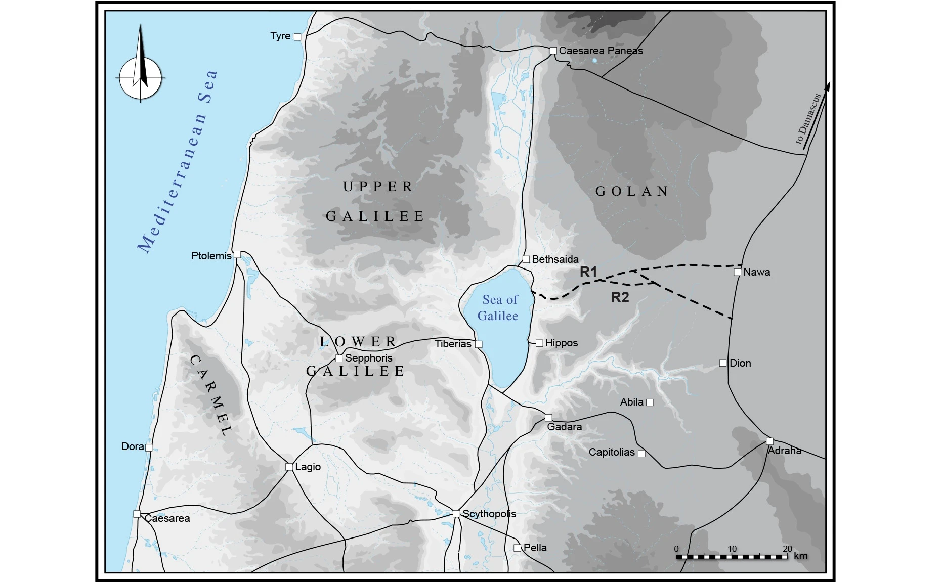 The Roman road system in the Galilee and southern Syria; the roads under study are marked with a dashed line (Map illustration credit: I. Ben-Ezra and A. Pažout).