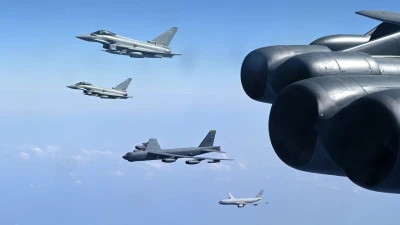 U.S. Air Force B-52H Stratofortress strategic bombers fly in formation with Royal Air Force Eurofighter Typhoons and a Royal Air Force Voyager aerial refueler within the U.S. Central Command area of responsibility. (Photo: CENTCOM)