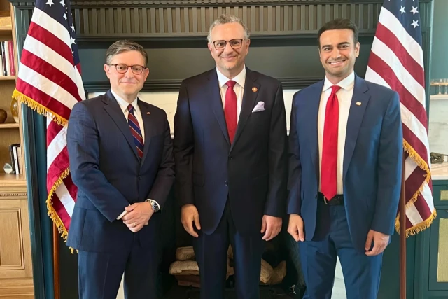 Speaker of the House Mike Johnson, Trump's new Middle East advisor Massad Boulos and Congressman-Elect for Arizona, Abe Hamadeh. Photo  used under section 27A of the copyright law.