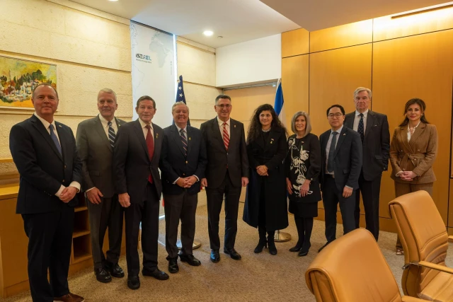 Foreign Minister Gideon Sa’ar met with a bipartisan delegation of U.S. lawmakers. Pictured from left to right: Adam Schiff, Dan Sullivan, Richard Blumenthal, Lindsey Graham, Gideon Sa’ar, Morgan Ortagus, Joni Ernst, Andy Kim, Sheldon Whitehouse.

Foreign Minister Gideon Sa’ar meeting a bi-partisan delegation of Senators headed by Dan Sullivan and Lindsey Graham. Photo: Gideon Sa’ar's account on X, used under section 27A of the copyright law.