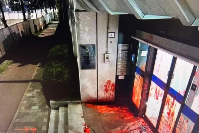 Israeli embassy in The Hague, smashed and  defaced with red paint.  August 12, 2025 Photo: Modi Ephraim X