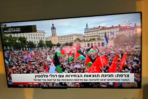 The crowds celebrating the results after the elections in France, July 2024 (Photo: Screenshot from Israeli TV news).