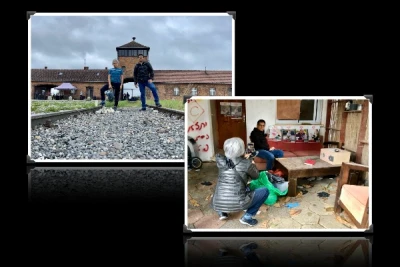 Miguel Muñoz Valeriano and his spouse visiting the death camp of Auschwitz, on august 2023, and visiting a destroyed Israeli house after the massacre of October 7, 2024 (Photo credit/courtesy of: Miguel Muñoz Valeriano).