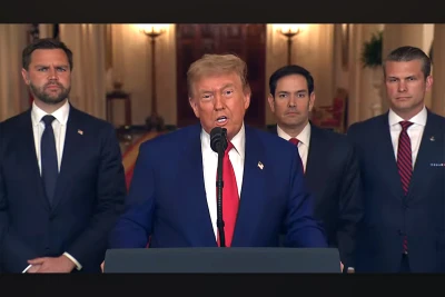 President Trump addresses nation (along with JD Vance, Marco Rubio, and Pete Hegseth) following bombing of three Iranian nuclear sites on June 21, 2025. Credit: Fox News