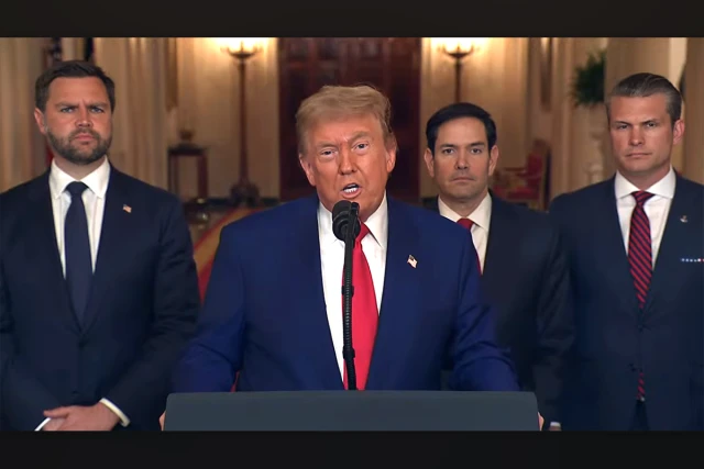 President Trump addresses nation (along with JD Vance, Marco Rubio, and Pete Hegseth) following bombing of three Iranian nuclear sites on June 21, 2025. Credit: Fox News