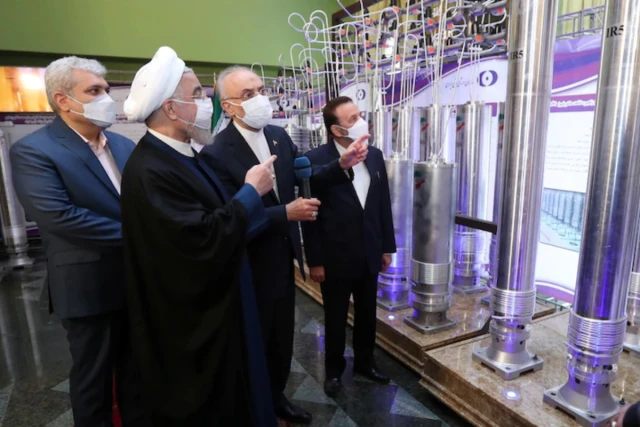Then-Iranian president Hassan Rouhani reviewing new advanced uranium enrichment centrifuges at Natanz nuclear facility, April 10, 2021 (Photo: Iranian Presidency Office)
