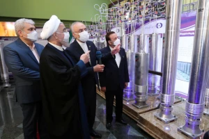 Then-Iranian president Hassan Rouhani reviewing new advanced uranium enrichment centrifuges at Natanz nuclear facility, April 10, 2021 (Photo: Iranian Presidency Office)