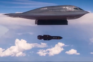 Screenshot of U.S. Air Force footage showing a B-2 Spirit stealth bomber dropping a GBU-57 Massive Ordnance Penetrator (MOP) bunker-buster bomb.
