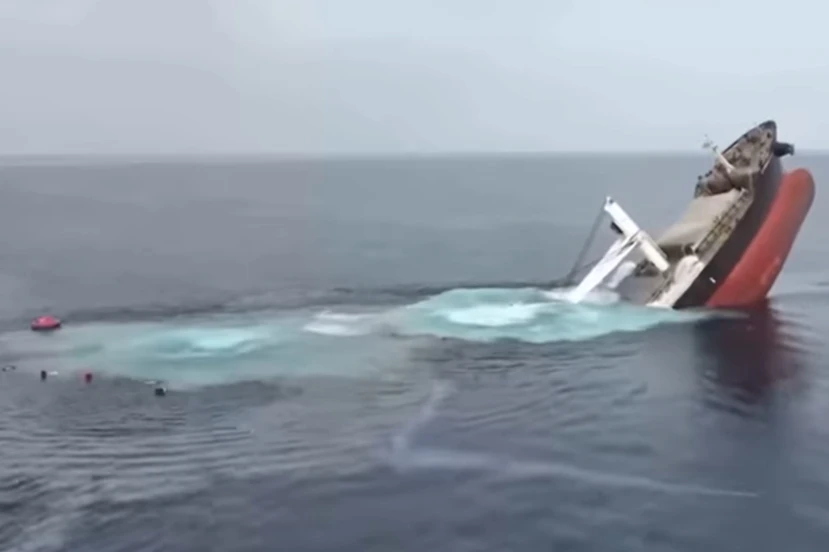 Screenshot: The Liberia-flagged cargo ship Eternity C sinking in the Red Sea after a Houthi missile strike. (Source: Ansar Allah Media Office / AP)