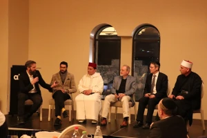 From left to right: Rabbi Aharon Lavi (who led the discussion), Faiçal Marjani (director of the Moroccan Co-Existence Association), and Mohamed Abaidou (president of the Moroccan Centre for Tolerance and Interfaith Dialogue), Christophe Rico (director of the Polis Institute and Roman Catholic), Rabbi Daniel Rowe (Aish), and Sheikh Yunus Amashe (Druze leader from Isfiya).