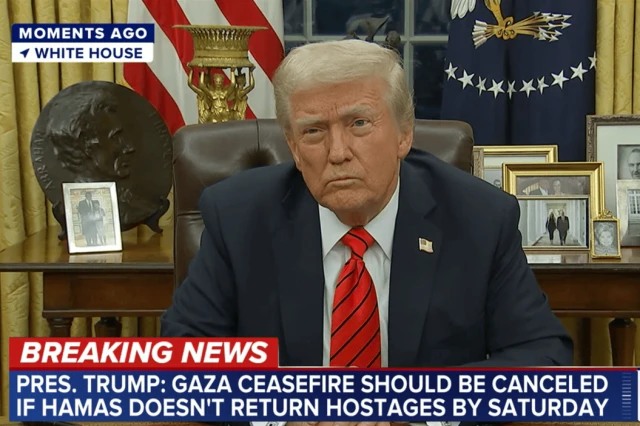 President Trump during an interview, discussing the Gaza ceasefire and demanding Hamas return hostages by Saturday. Photo: Screenshot from ABC News' YouTube channel, used under Section 27A of the Copyright Law.