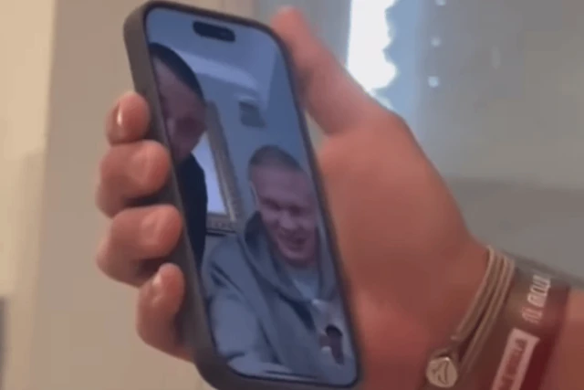 Screenshot from a video shared on social media showing Erling Haaland on a video call with Omer Shem Tov, April 16, 2025.