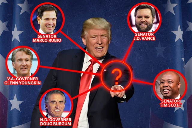 Donald Trump surrounded by pics of Gov. Burgum, Gov. Youngkin, Sen. Rubio, Sen Vance, and Sen. Scott