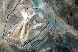 close-up of a dirt-filled entrance at Fordow on June 22 after the U.S. strikes. June 22, 2025.  Photo: Satellite image  Maxar Technologies