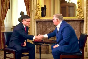 Joel C. Rosenberg, Editor-in-Chief of All Israel News, meets with U.S. Speaker of the House Mike Johnson during an interview for TBN in Washington, July 2025. (Photo: Courtesy)