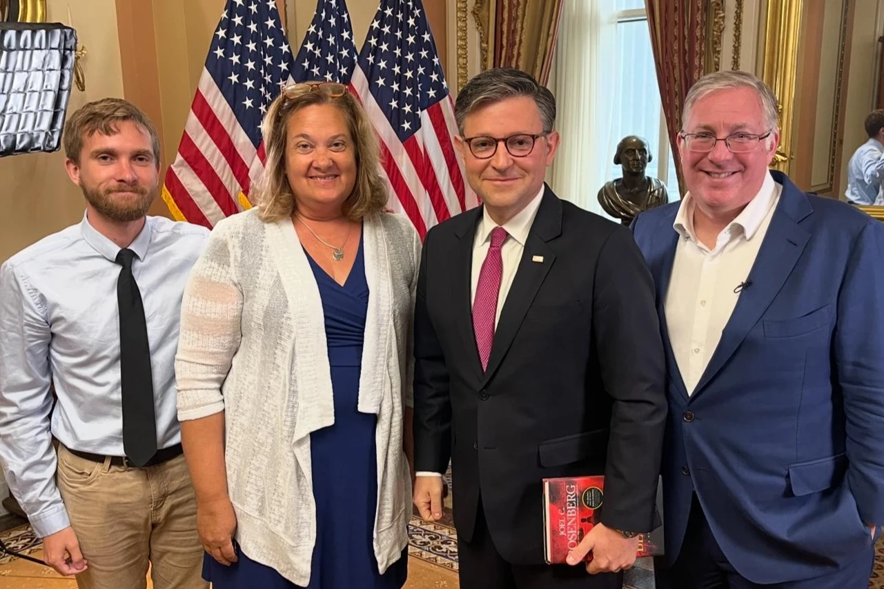 Joel C. Rosenberg, his wife Lynn, and their son Jacob meet with U.S. Speaker of the House Mike Johnson in Washington, July 2025. (Photo: Courtesy)