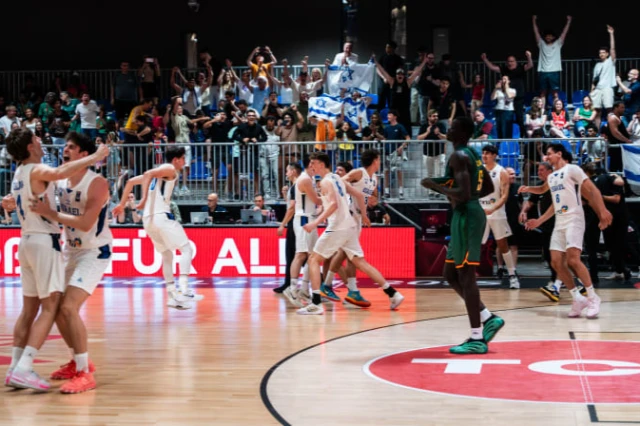 Israel's Under-19 basketball team celebrates victory over Cameroon. 1 July 2025. Photo: FIBA