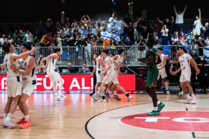 Israel's Under-19 basketball team celebrates victory over Cameroon. 1 July 2025. Photo: FIBA