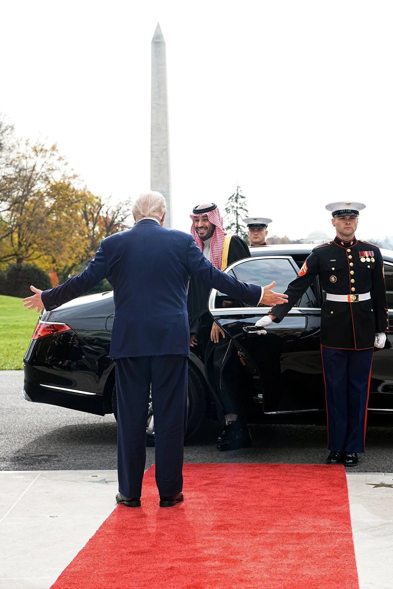 Saudi Crown Prince Mohammed bin Salman arrives at The White House as he is greeted by US President Donald Trump. Photo credit: White House press office