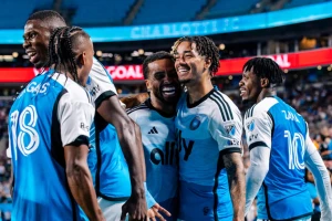 Charlotte FC forward Idan Toklomati celebrating with team-mates, September 14 2025. Photo: Charlotte FC