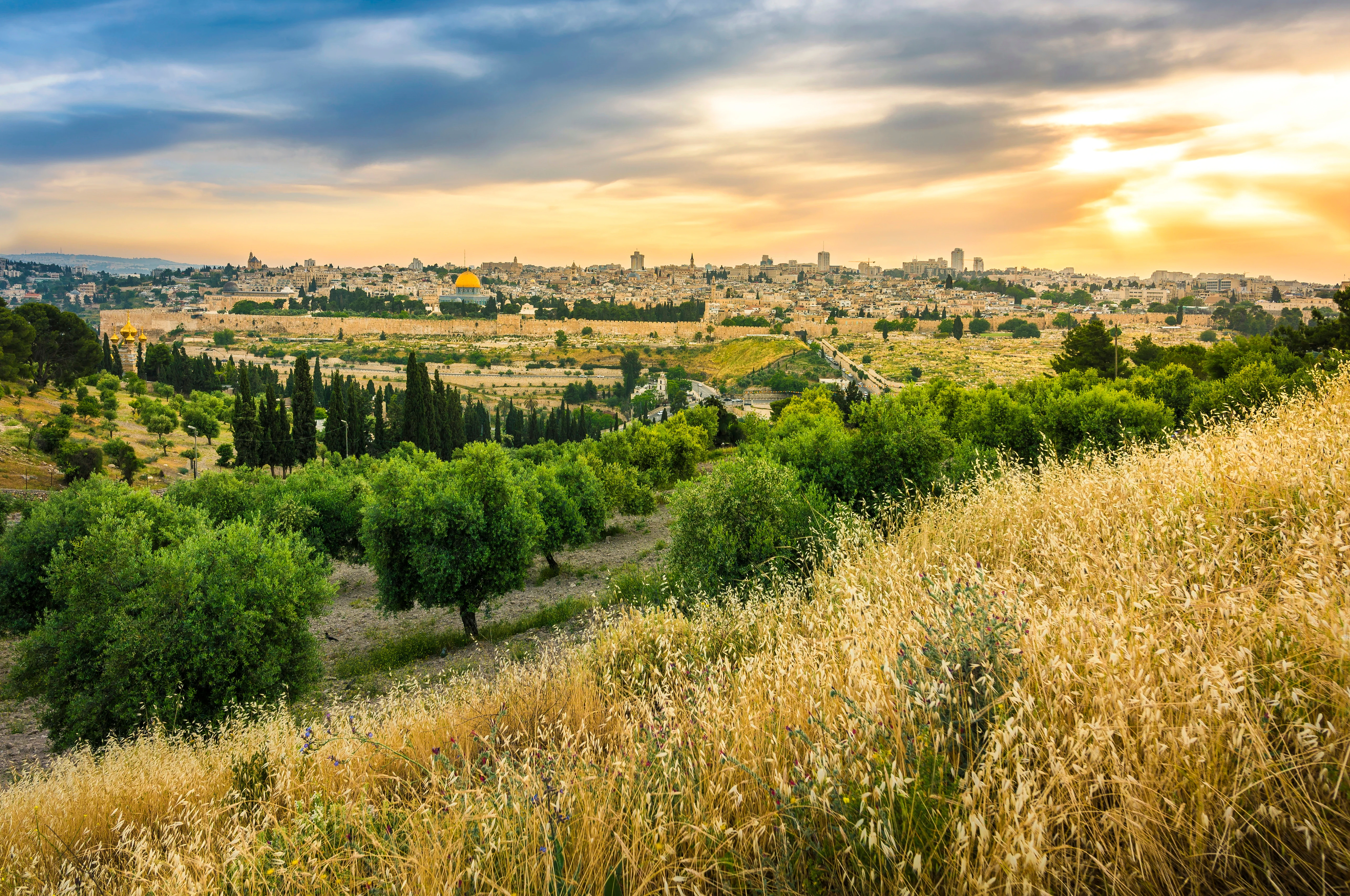 Sunset clouds over the Old City Jerusalem with Dome of the Rock, the Golden/Mercy Gate and St. Stephen's/Lions Gate; view from the Mount of Olives with olive trees and dry grassy hill. (Shuttersctock)